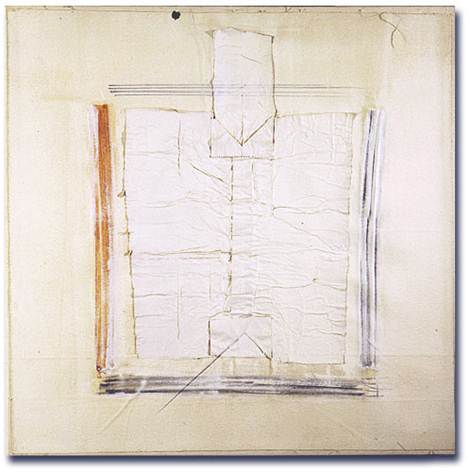 Jean Degottex, Fond perdu, 1990_Acrylique, collage, toile de coton, 70 x 70 cm_Courtesy Galerie Pome Turbil